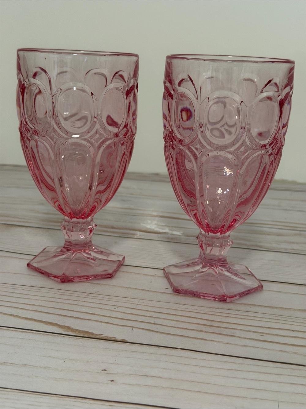 Vintage Fostoria Pink Glass Moonstone 6.5in  Iced TeaWater Goblet Stems Lot Of 2